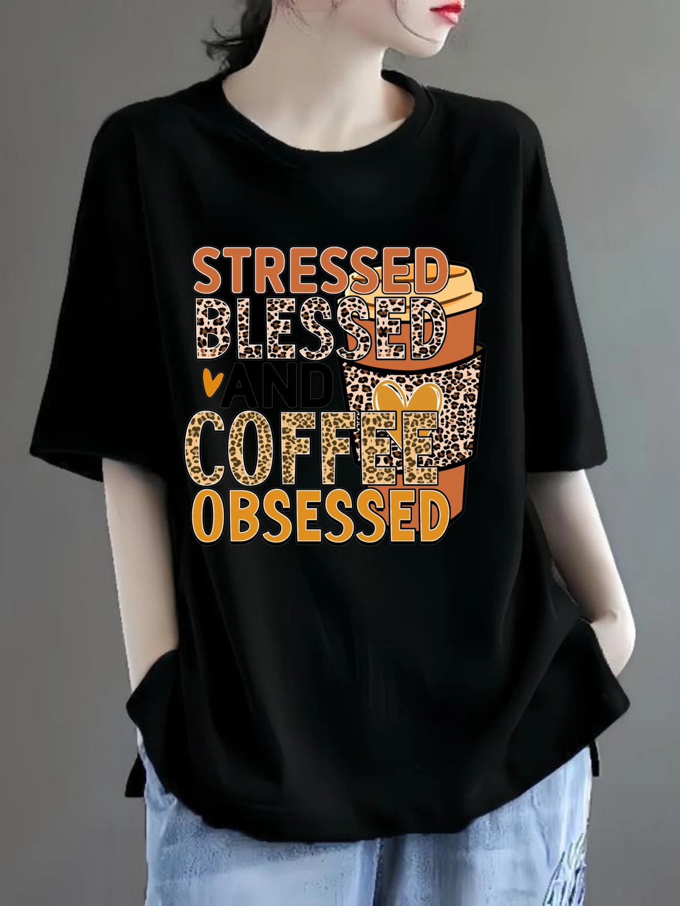 

Women's T-shirts Harajuku Y2k tops four seasons 100% cotton Stressed Blessed Coffee Obsessed printed t-shirts t shirt for women