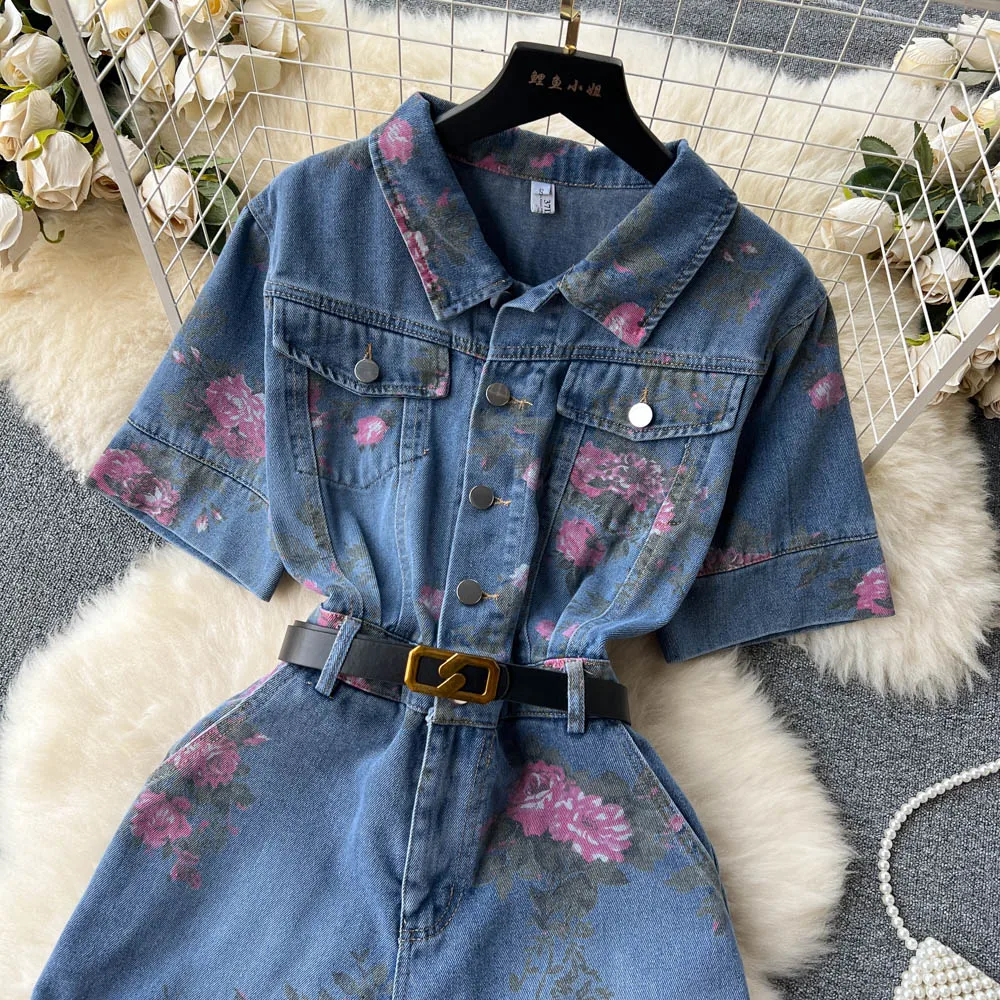 Fashion Printed Floral Denim Jumpsuit With Belt For Women 2024 Summer High Street Cool Girls Jumpsuit Shorts Retro Streetwear