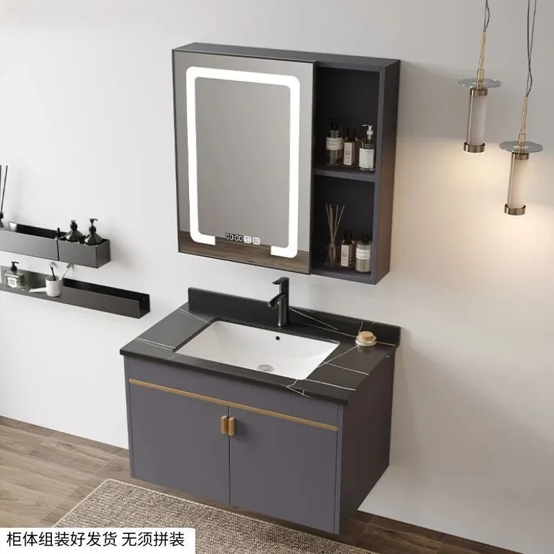 Space Aluminum Carbon Fiber Slate Bathroom Vanity with Washbasin Smart Modern Washstand Cabinet for Simple Home Decor