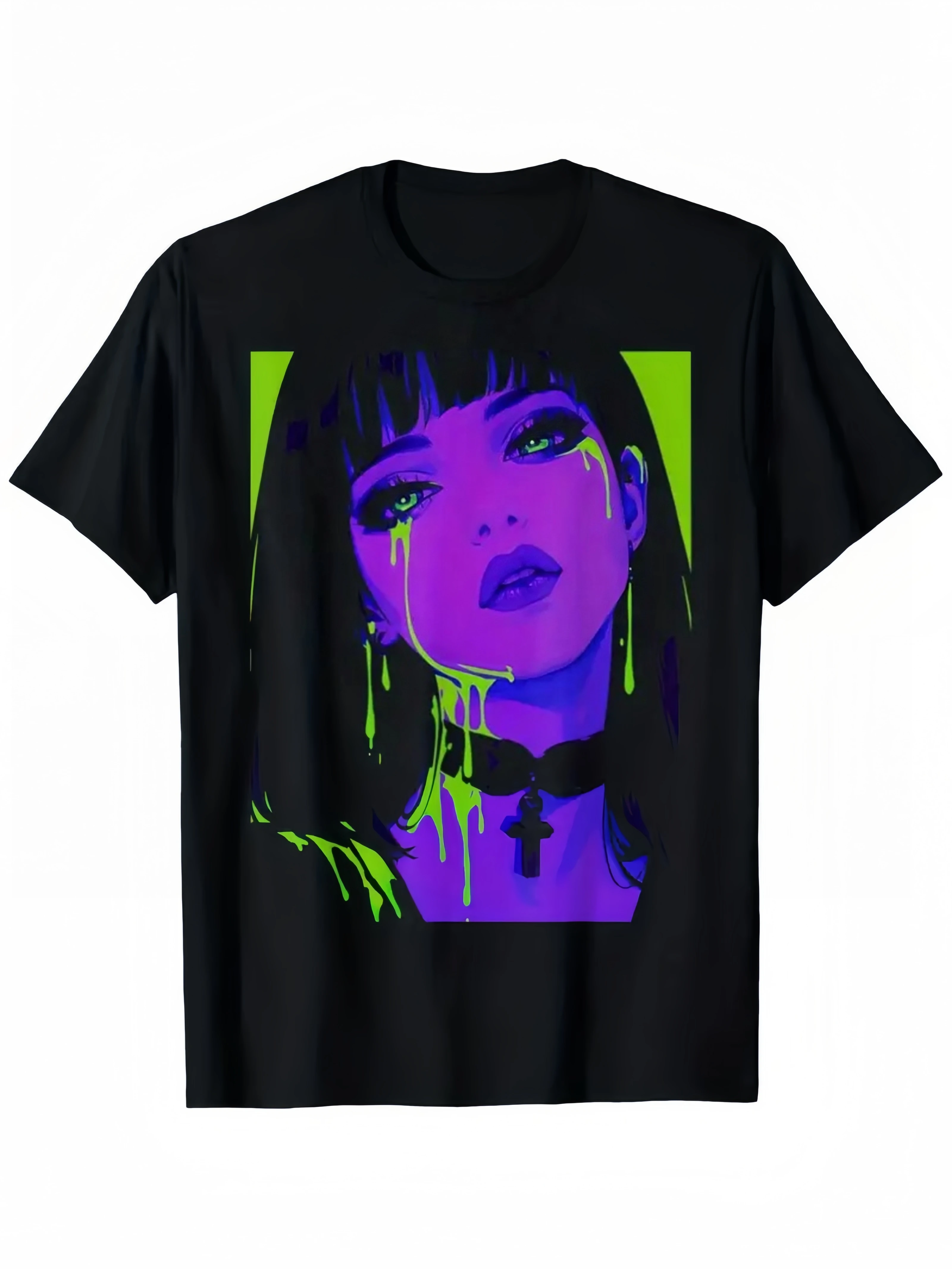 Koszulka Cybergoth Cybercore Grunge Punk Goth Girl Alt Anime Manga, Unisex, Bawełniana, Casualowa, z Okrągłym Dekoltem, Krótki Rękaw, Do Noszenia na Zewnątrz
