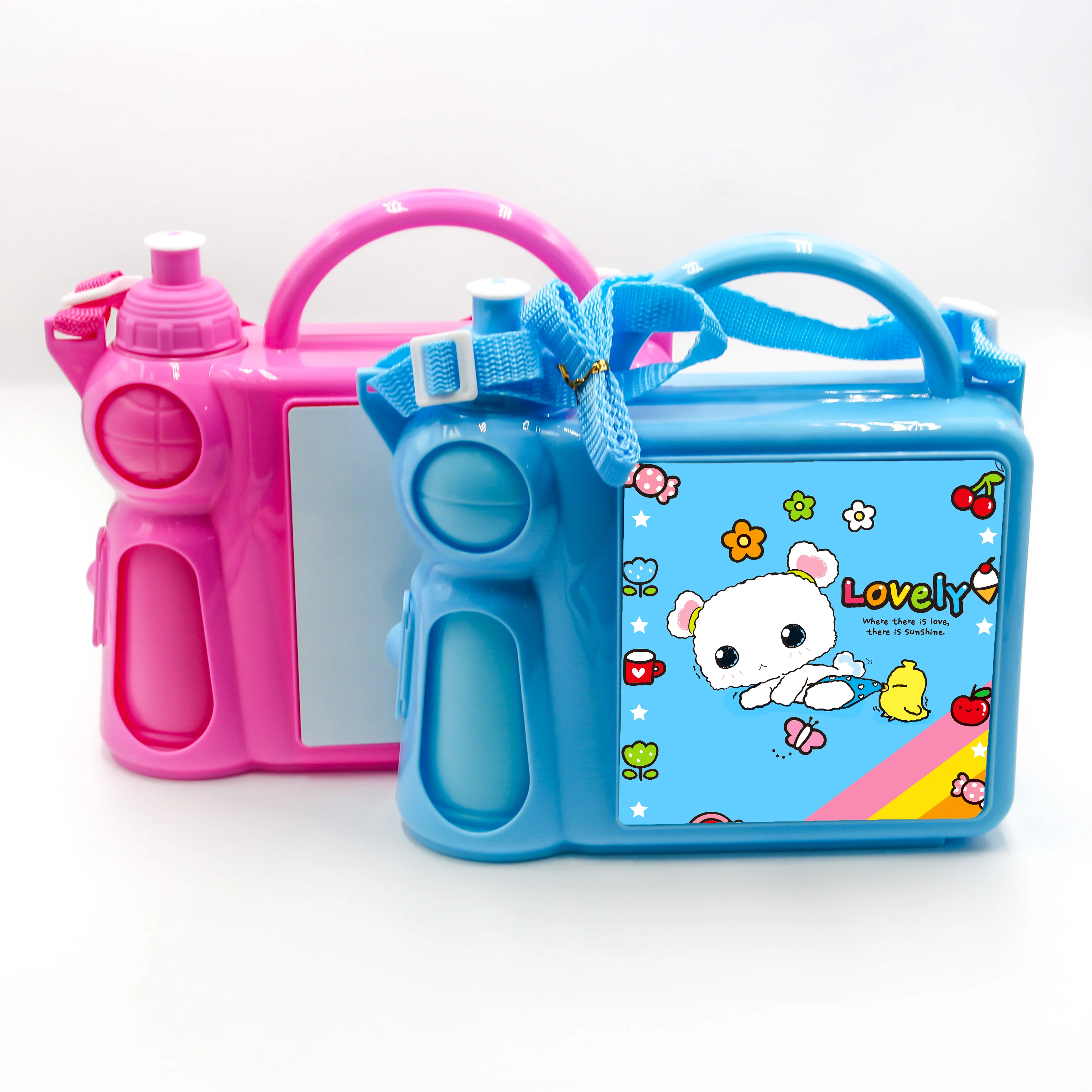 10pcs/lot Blue/Hot Pink Sublimation Blanks Plastic Lunch Box With Water Bottle For Custom School Student Kid Gifts