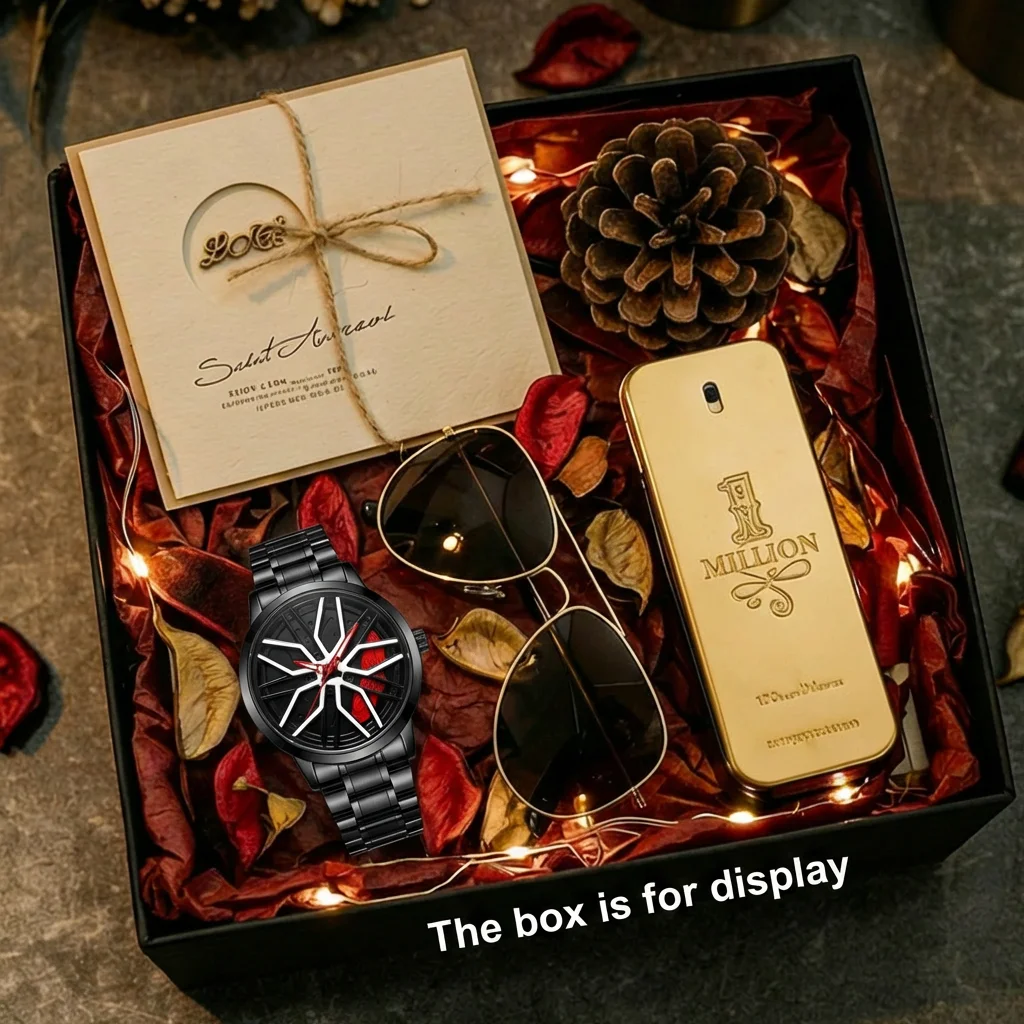 4pcs Men's Black White Red Wheel Pattern Metal Sporty Red Accents Sunglasses Perfume Mechanical Watch Gift Box Set Daily Use