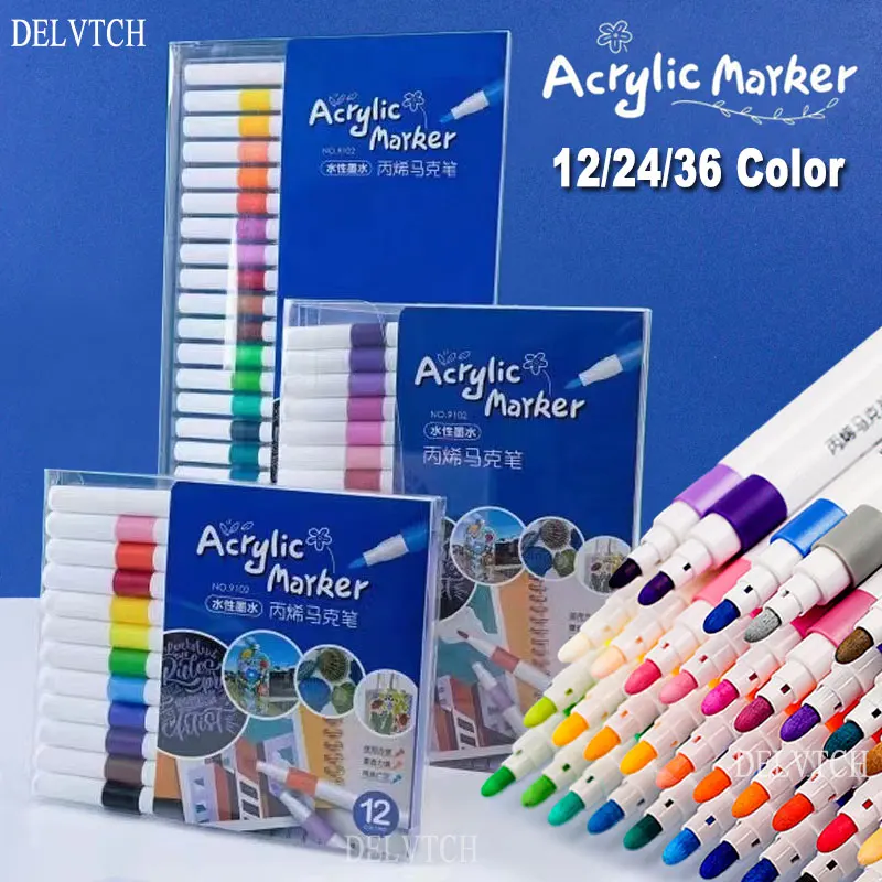 Pintura Acrílica Art Marker Pen Set, DIY Graffiti Desenho para Cartão, Cerâmica Rocha Pedra Caneca, Tecido de vidro Roupas e Madeira, 12 Cores, 24