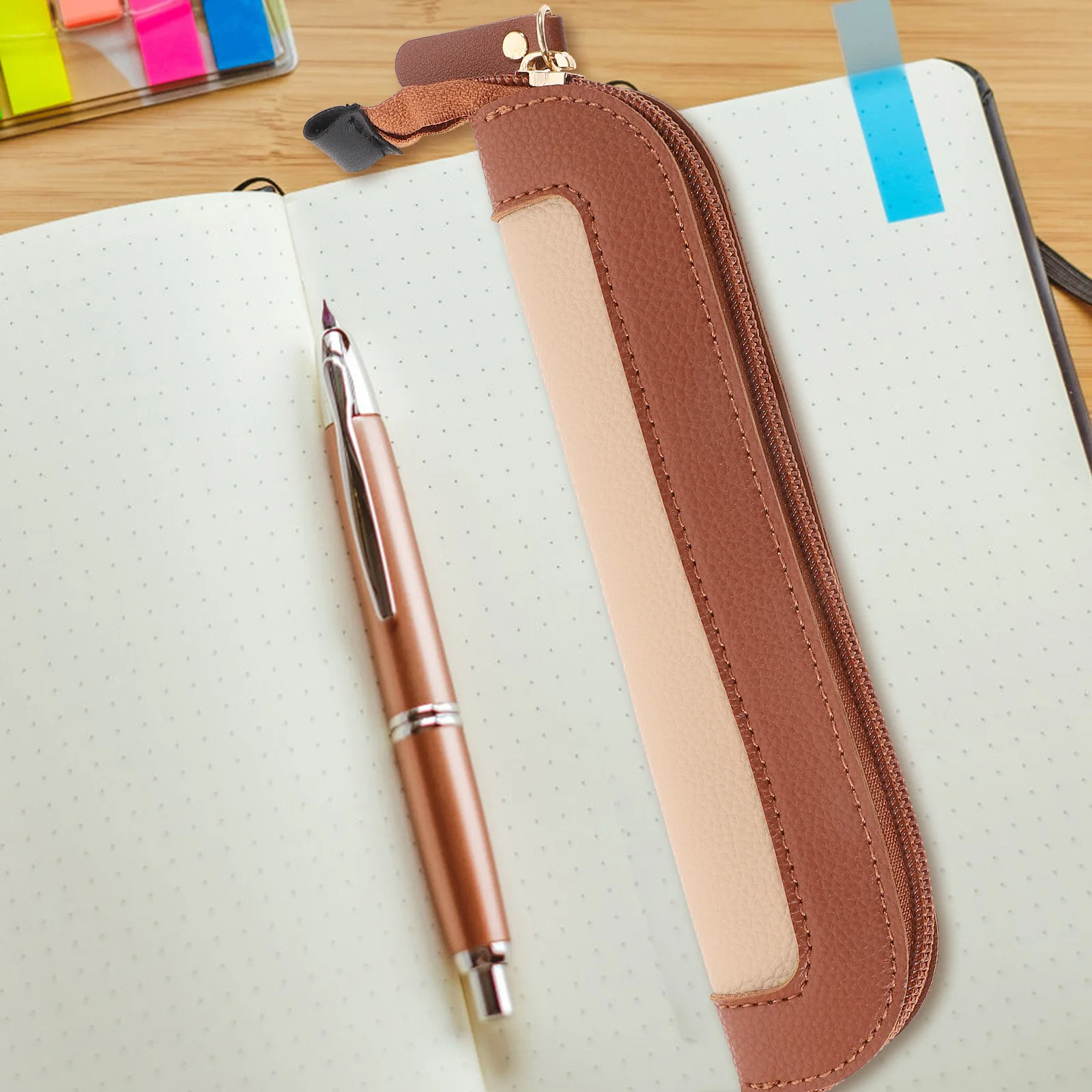 

Pencil Case Color Block Holder Compact Size Multi function Bag Portable Stationery Storage Brown Zipper Pouch Student
