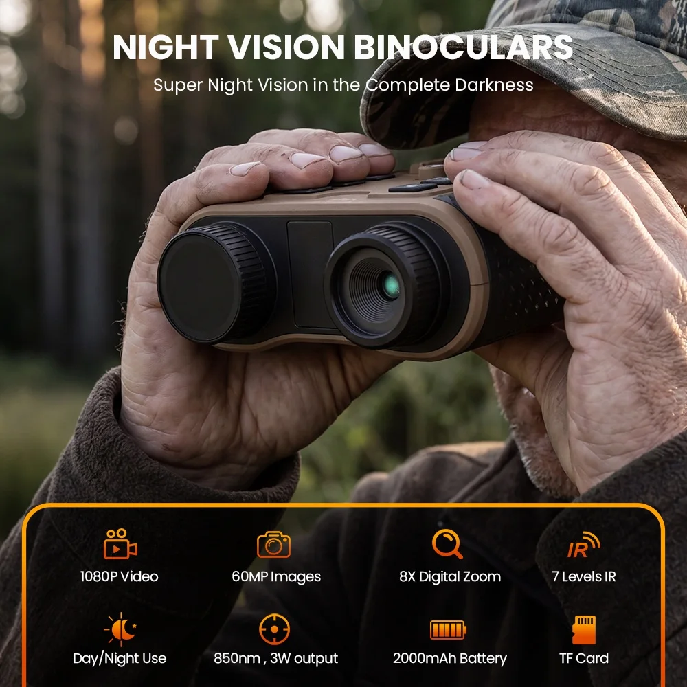GTGUARD V6 Night Vision Binoculars, 4K Digital Infrared Night Vision Goggles, 300m Long Range Viewing, 8X Digital Zoom, 60MP Camera, 1080P Video Recording, 850nm 3W IR Illuminator, 512GB TF Card Support - Dark Brown