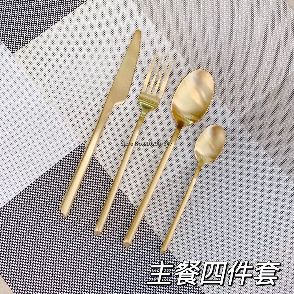 12PCS Tableware Western Food Knife and Fork Gold-Plated Brushed Spoon Hotel Supplies Set Oblique Handle Dessert 