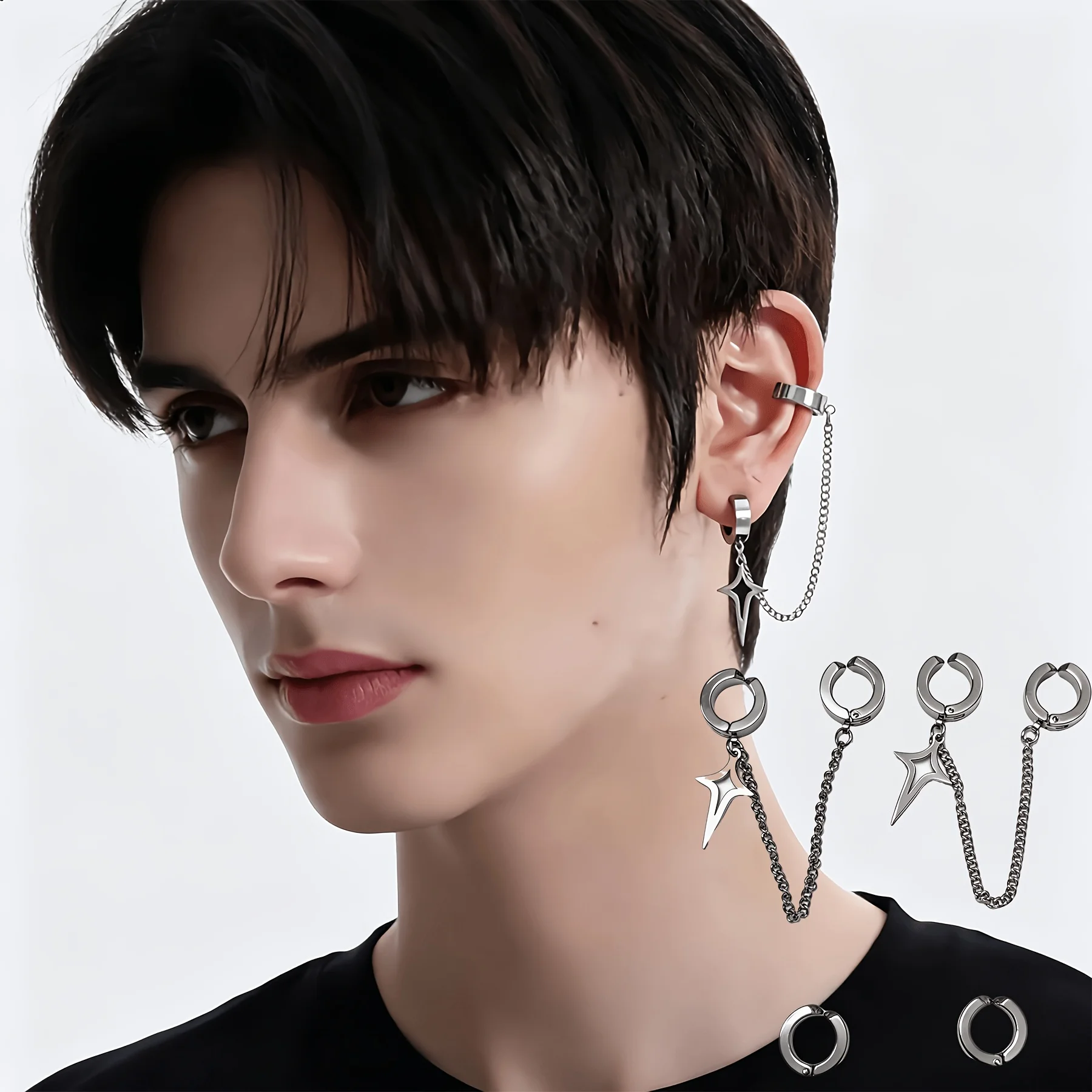 4pcs Punk Style Unisex Stainless Steel Star Chain Clip-On Ear Cuffs Set Non-Piercing Hinged Ear Clips Set for Men Women