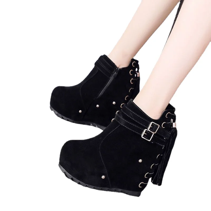 Wedge Ankle Boots Winter Warm 2024 New Tassel Shoes Lady Super High Heel Thick Sole Platform Frosted Motorcycles Boots Black