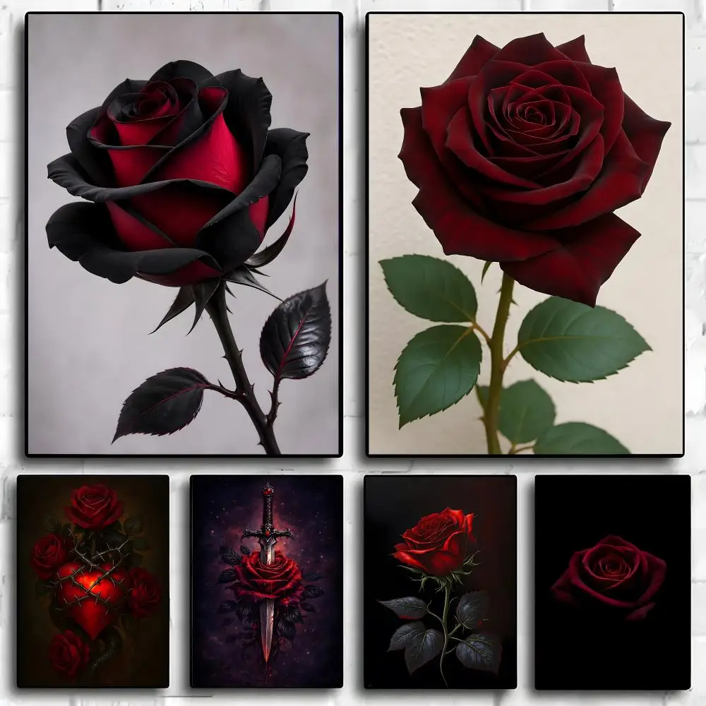 Art Red Rose and Barbed Wire Poster Poster Self-adhesive Art Waterproof Paper Sticker Coffee House Bar Room Wall Decor