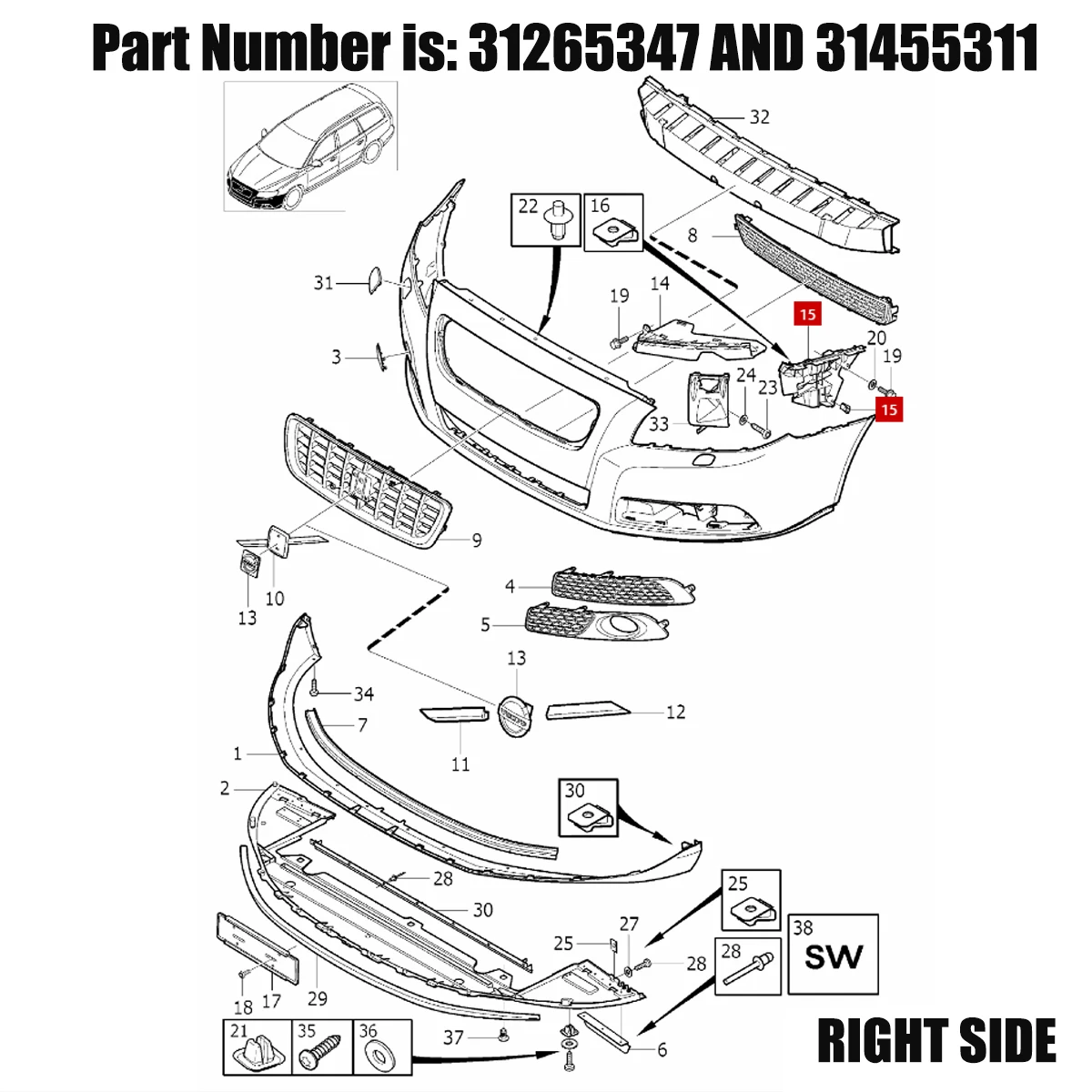 Magickit フロントバンパーブラケット ボルボ S80 31265347 31455311 フロントバンパーマウントブラケット 2008-2016 31265346 31455310