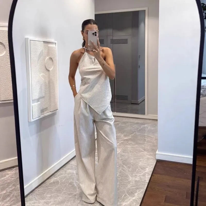 

Summer Sexy One-shoulder Backless 2 Piece Set Women Fashion Suspender Striped Irregular Vest Top & Casual Suit Pant Party Set