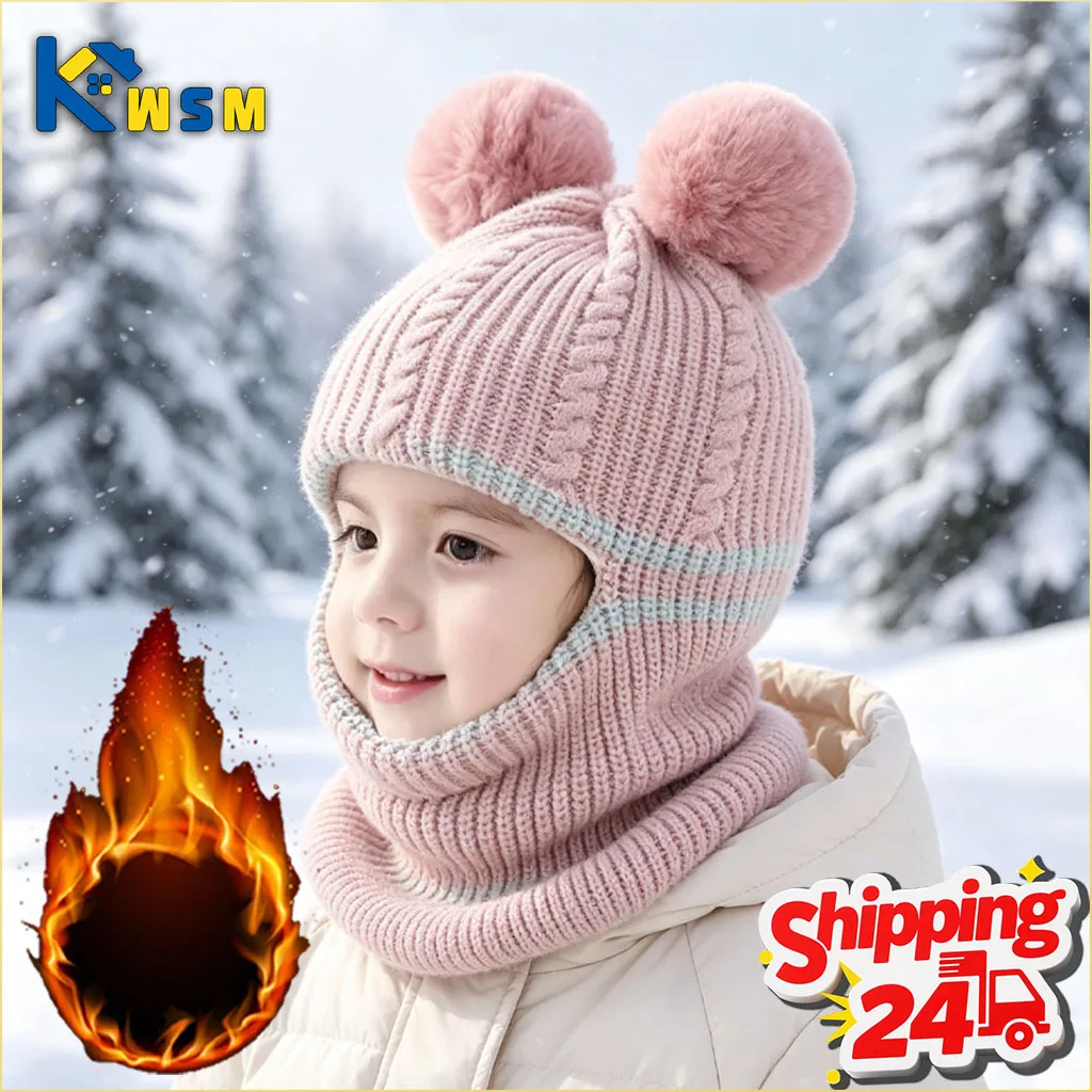 1-5pcs  Winter Hat with Scarf Kids Thick Fleece Lined Cozy Warm Earflap for Toddler Boys Daily Walk Park Shopping Cold Weather
