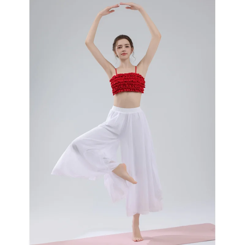 زي رقص اليوغا الكلاسيكي Dunhuang Flying Apsaras للنساء مع حمالة صدر رياضية من الدانتيل وسراويل ممارسة شيفون واسعة