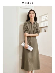 VIMLY Women's Autumn Fashion Casual Simple Solid Dress Fashion Commuter Lapel Long Sleeve Elastic Waist  A-Line Shirt DressM8266