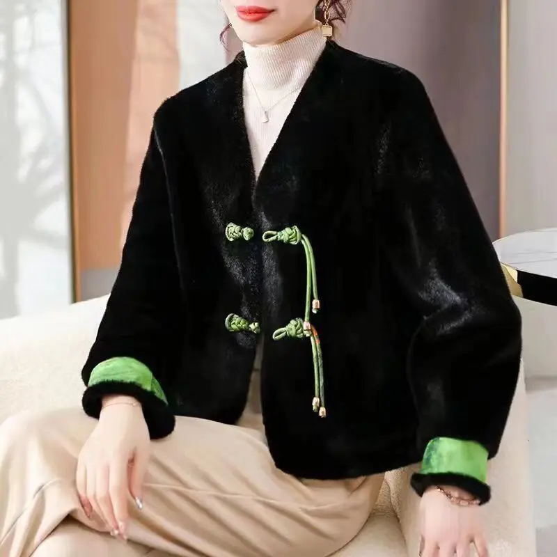 Luxury Retro Button High-quality Soft Fur Coat Women Winter Warm Faux Fur Jacket V-neck Chinese Style Design Clothing Short Top