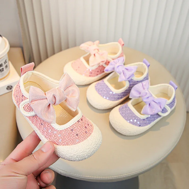 Sweet Pink Purple Tweed Ballet Flats For Baby Kids Bling Sequins Bowknot Mary Jane Shoes Toddler Girls Soft Sole Canvas Loafers