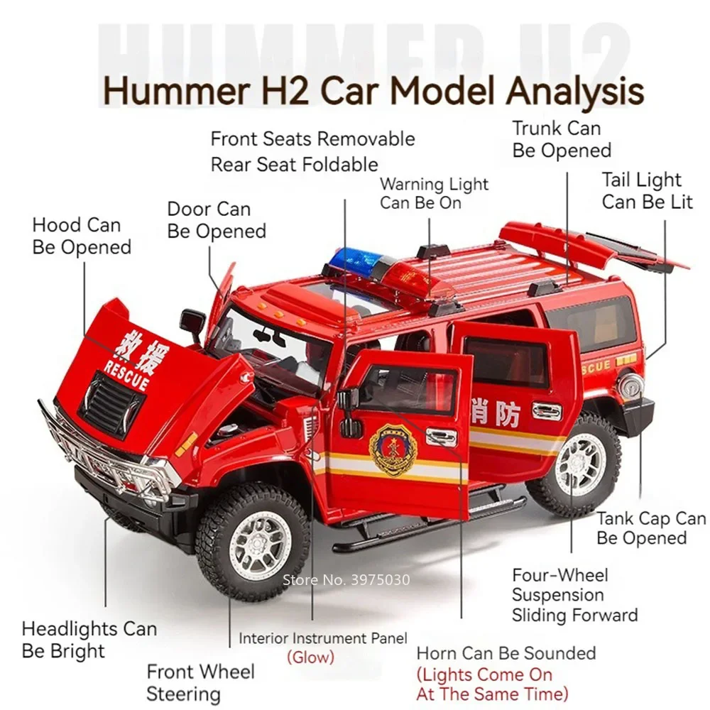 1:18 liga hummer h2 brinquedos modelos de carros de polícia 6 portas abertas motor de incêndio com música leve veículos em miniatura presentes para crianças pequenas