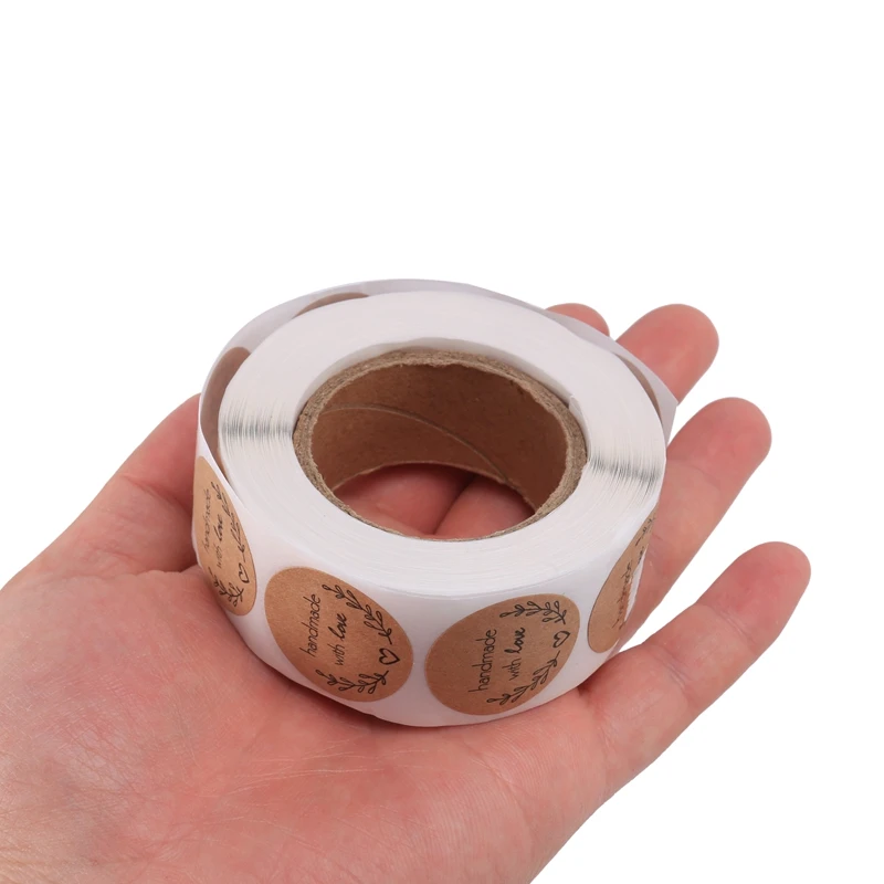 A35Q-1 Inch Round Natural Kraft Olive Branch Handmade With Love Stickers / 500 Labels Per Roll