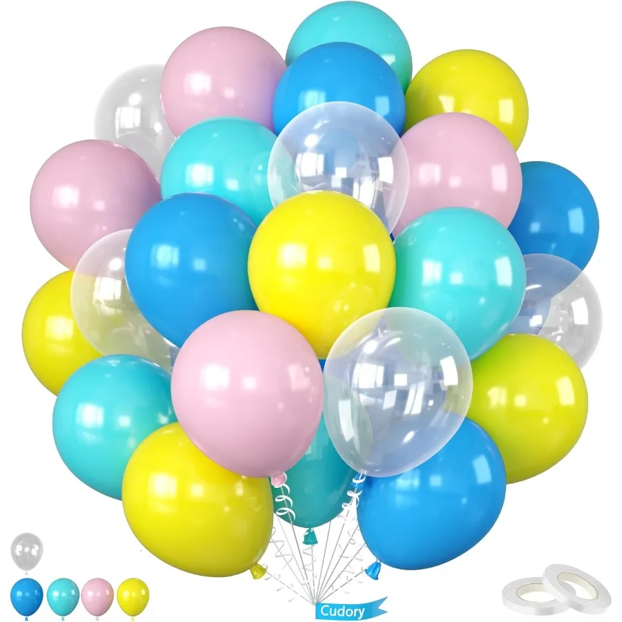 مجموعة بالونات زرقاء صفراء مقاس 12 بوصة مع بالونات لاتكس شفافة باللون الوردي المخضر لتزيين حفلات موضوع المحيط مثالية لاستحمام الطفل نحن