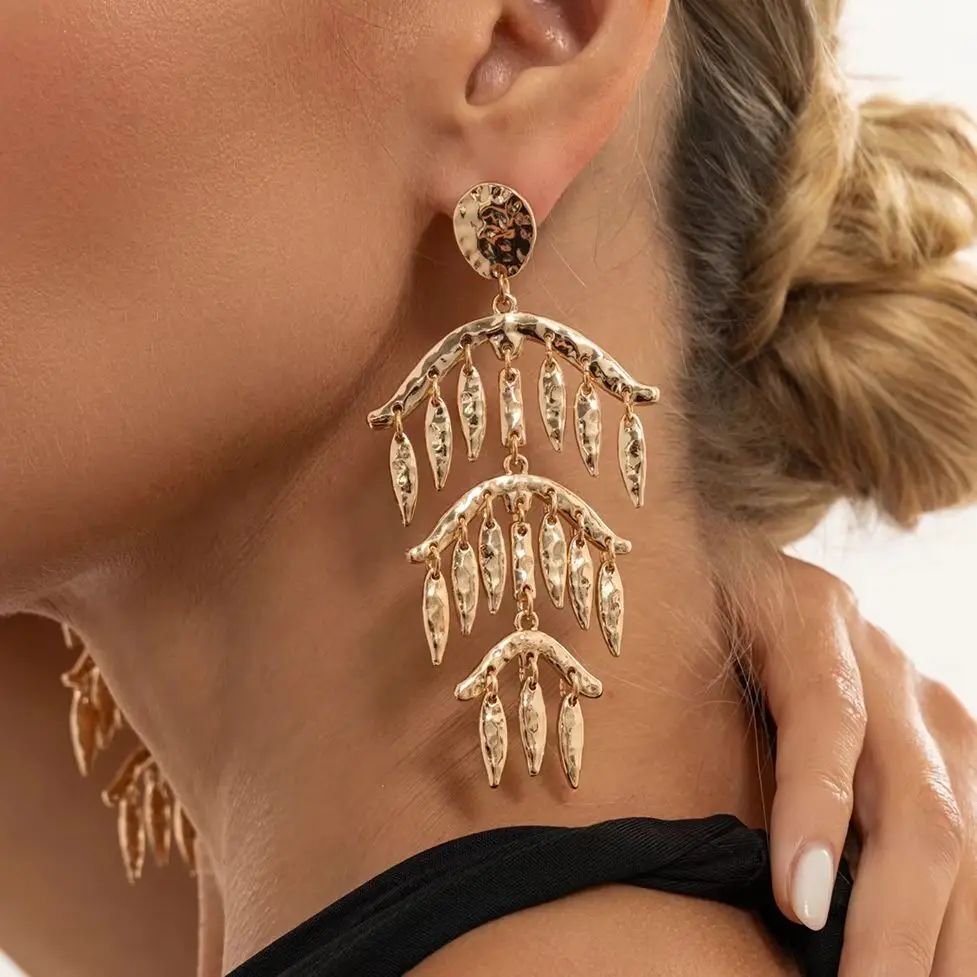 SHIXIN Boho Gold Color Hammered Texture Leaf Tassel Earrings for Women Vintage Tiered Layered Long Drop Dangle Earring Jewelry