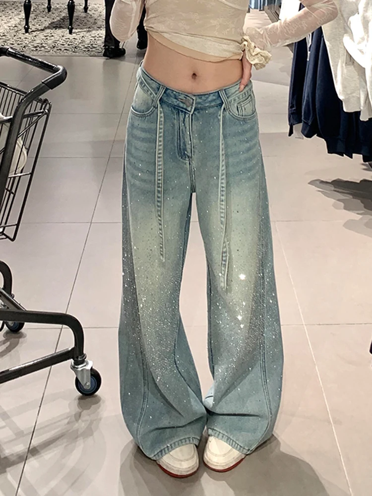 American High Street Design Diamond Splicing Denim Pants Women's Spicy Loose Lazy Feeling Fleece Floor-Length Pants