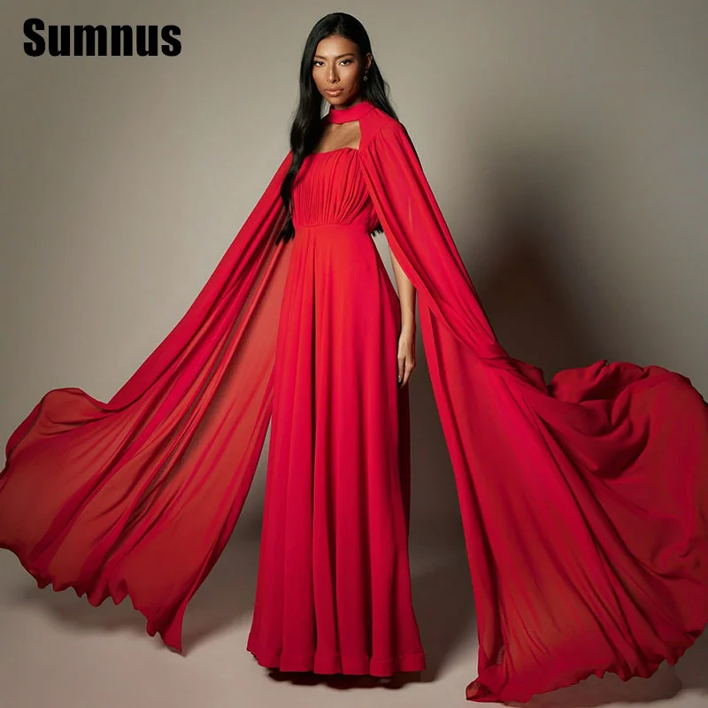 

Sumnus Elegant A-Line Red Evening Dresses Pleats With Cape Floor-Length Formal Occasion Dresses فساتين سهرة Customized