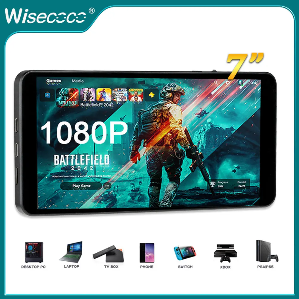 Wisecoco-Monitor IPS Touch Screen Gaming, 7 ", 1080P, FHD, IPS, USB-C, HDMI, Secundário, Monitor Externo para Laptop, PC, Mac, Telefone, PS4, Xbox