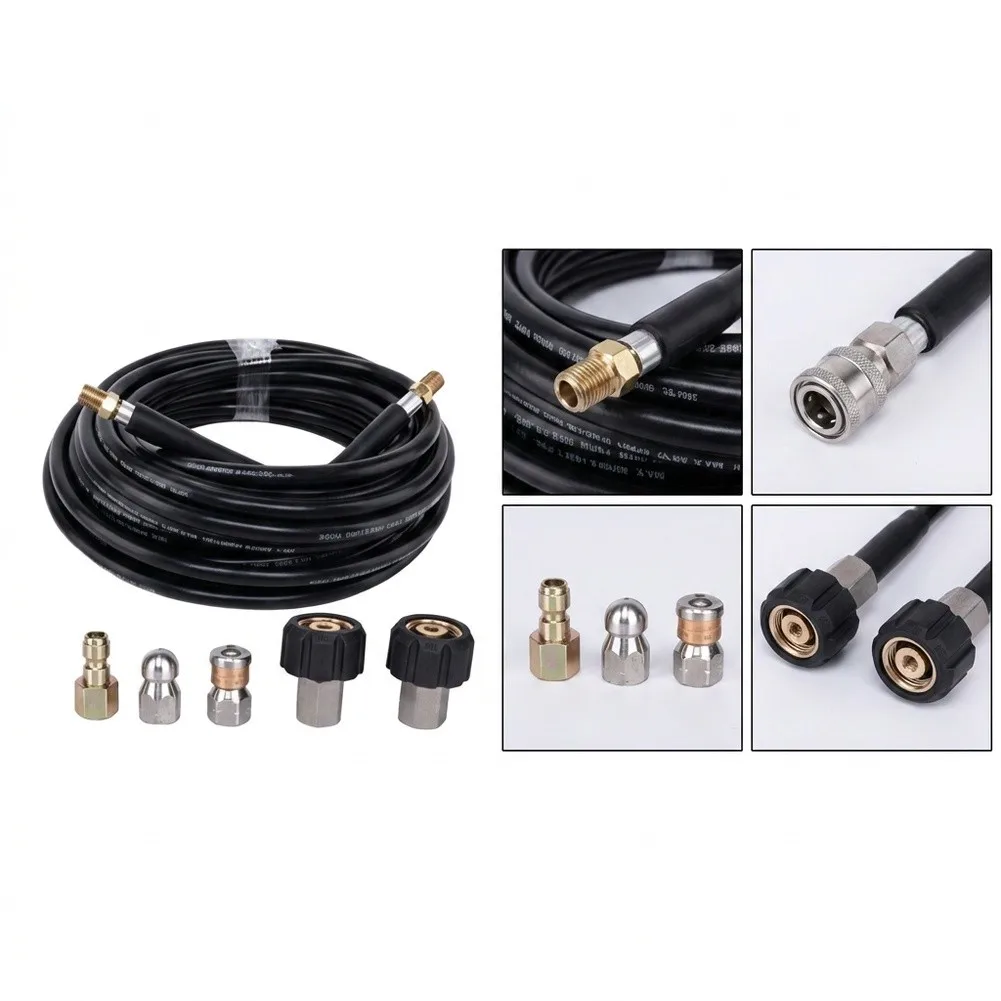 15M High Pressure Drain Cleaner Hose Kit Sewer For Jetter For Pressure Washer Pipe Cleaning Snake Tool Black PVC Flexible Tube