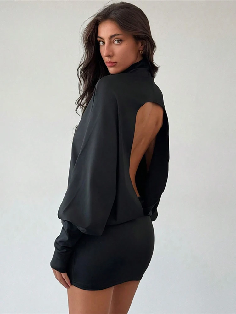 Cutenew-vestido Sexy con espalda descubierta para mujer, vestido elegante de melocotón con cuello alto y manga larga, elástico, tendencia de otoño, fiesta de cumpleaños, graduación y Club