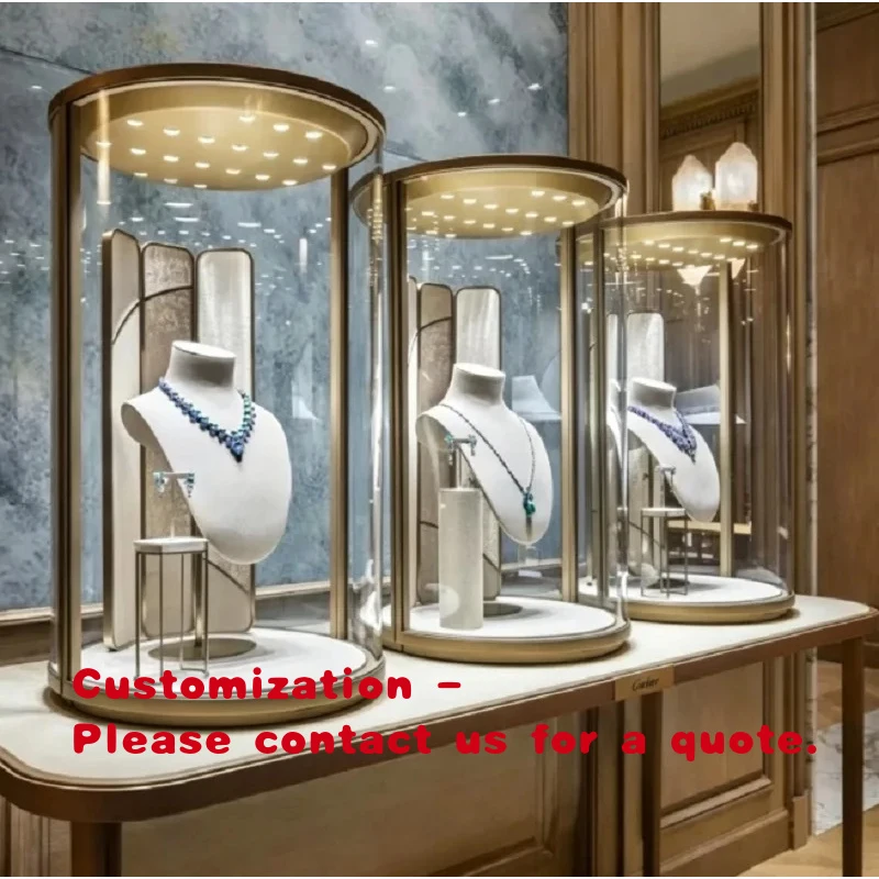 custom.Premium Round Glass Jewelry Display Pedestal, Custom Champagne Gold Frame with LED Lighting Luxury Boutiques