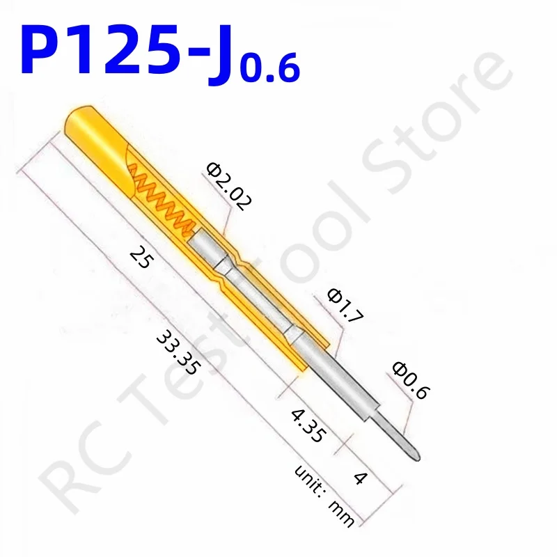 

20/100PCS P125-J Spring Test Probe Test Pin Pogo Pin P125-J0.6 ICT FCT PCB Test Tool 0.6/1.7/2.02/33.35mm Needle Round Tip