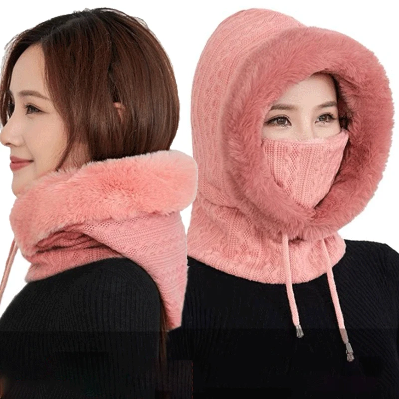 Winter Hat for Womens Hooded Face Mask Fluff Keep Warm Thicken Style Neck Scarf Hooded Cap Beanie Knitted Cashmere Neck Warmer