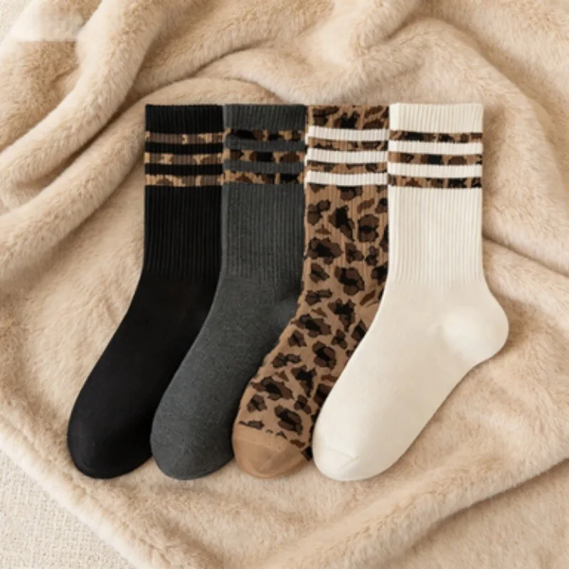 6pcs (3pairs) fashionable leopard print sports round neck socks - suitable for daily outdoor casual wear, trendy striped high slit autumn and winter long socks, women's socks.