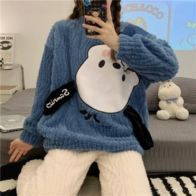 Sanrio Cinnamoroll Pompom Purin Kuromi Pochacco cute plush pajamas for women winter thickened coral velvet student home clothes