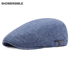 SHOWERSMILE Brand Navy Blue Linen Flat Cap British Casual Autumn Men Caps Beret For Women Vintage French Hats And Caps Chapeau