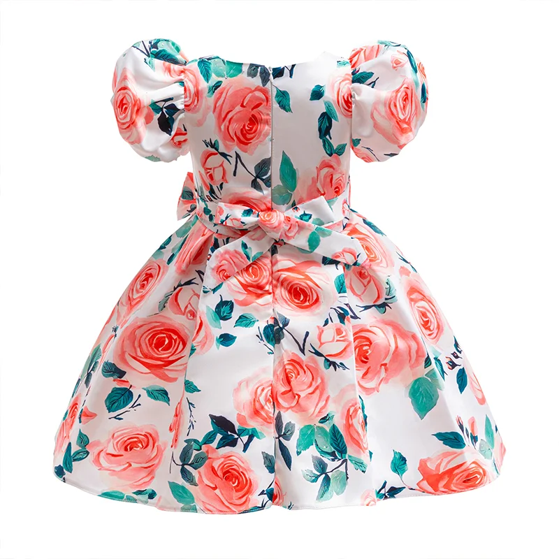 فستان بناتي صيفي جديد مطبوع عليه أزهار الورد فستان أطفال بأكمام فقاعية فستان الأميرة فستان كاجوال حلو ولطيف