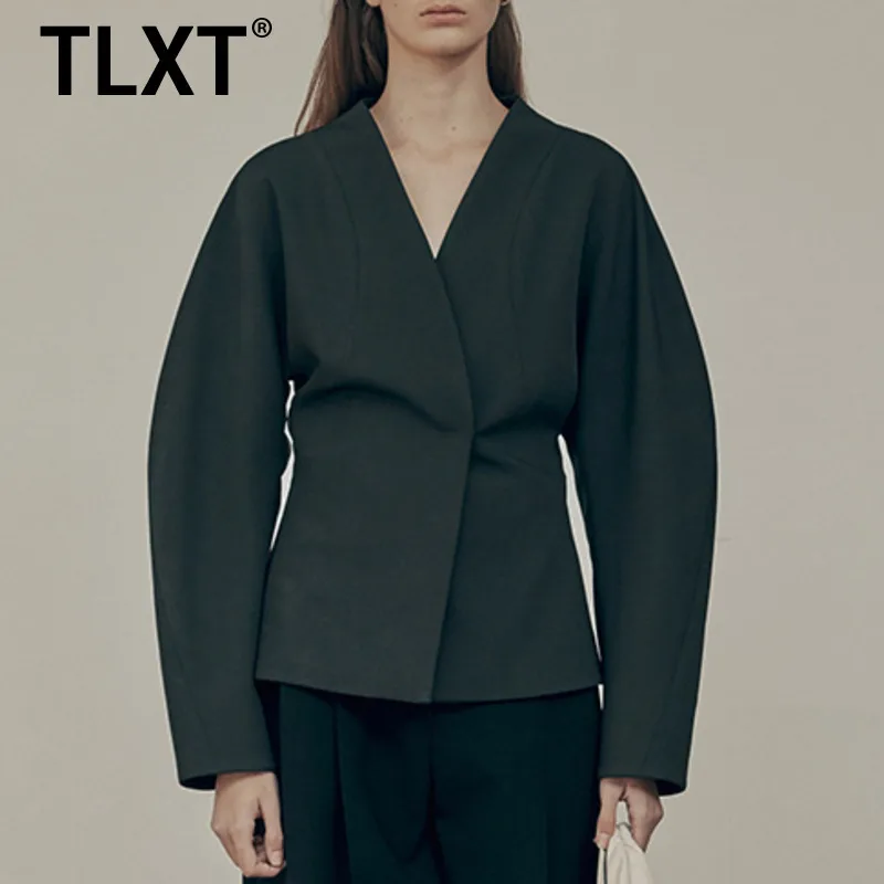 

TLXT V-neck Short Wool Suit Jacket For Women's Spring2025 New Fashion Loose Designer Vintage Niche Female Clothing XK1056