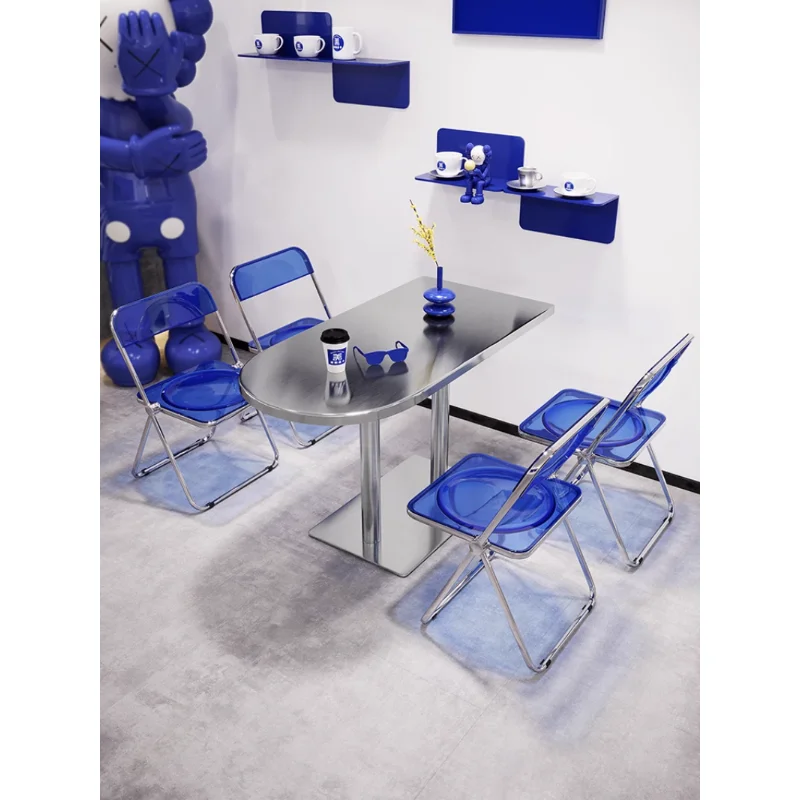 Milk Tea Shop Table and Chair Combination Klein Blue Coffee Shop Dessert Industrial Style Stainless Steel Table