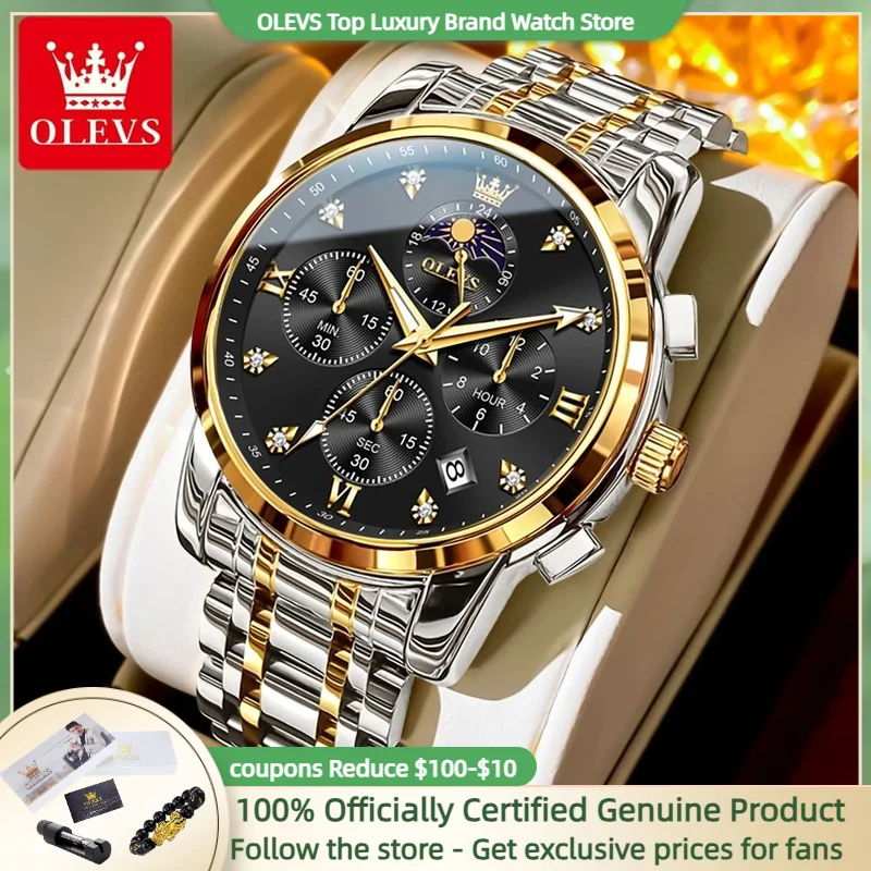 OLEVS 3655 Reloj de cuarzo de lujo para hombre, Reloj con sincronización de fase lunar a escala romana, Reloj con calendario luminoso resistente al agua, Reloj de marca para hombre