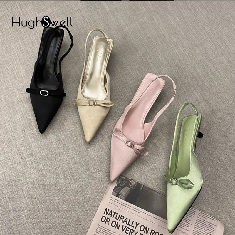 

Luxury Satin Silk Slingback Sandals Woman Fashion Pointed Toe Rhinestone Buckle Pumps Ladies Elegant Kitten Heel Party Shoes