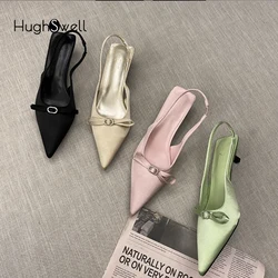 Luxury Satin Silk Slingback Sandals Woman Fashion Pointed Toe Rhinestone Buckle Pumps Ladies Elegant Kitten Heel Party Shoes