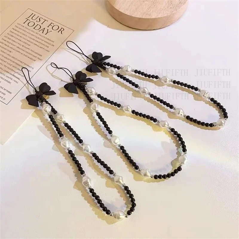 Retro bowknot Pearl phone charm strap flower bead pendant Korean bracelet for iPhone Samsung accessories hanging rope for girl