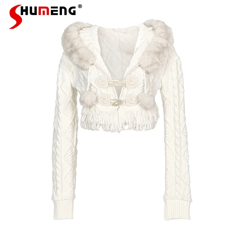 

Y2k Cool Double-Breasted Thickened Cable Knit Cardigan Hooded Furry Coat Sweater Japanese Sweet Long-sleeves Knitwear Top Women