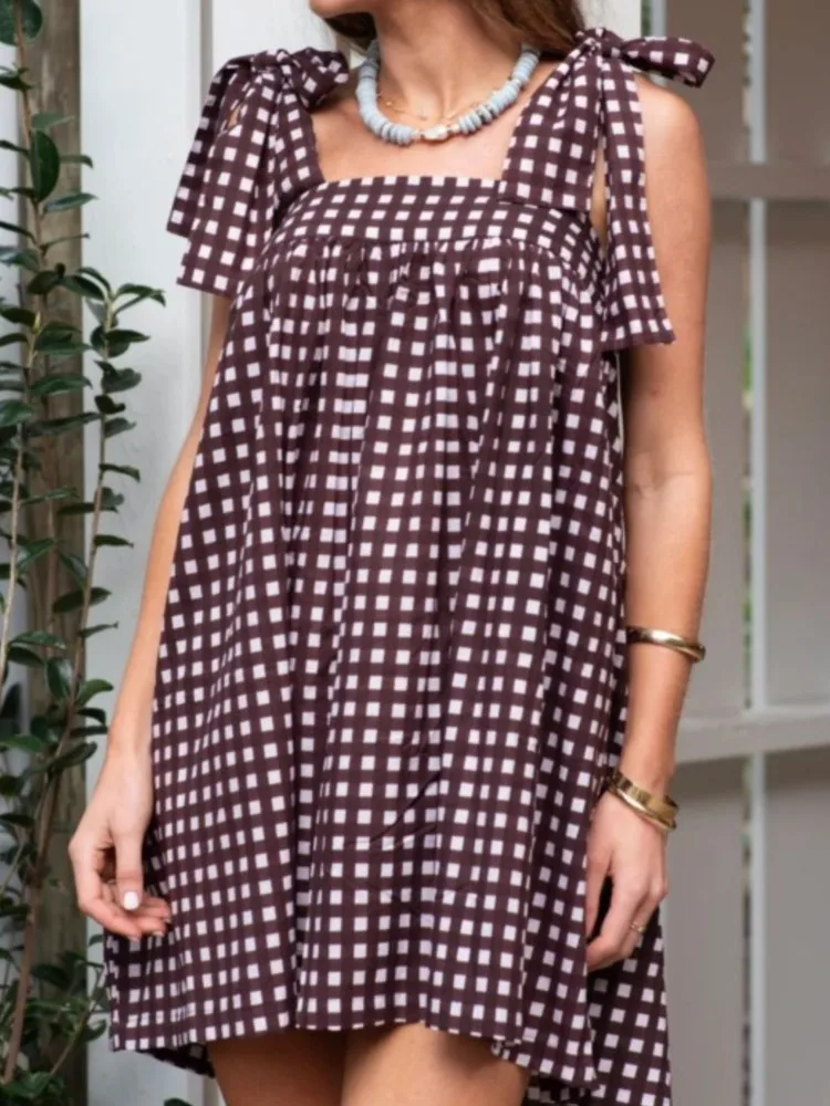 Mini abiti da donna con stampa Abito con scollo quadrato Boho Flowy Abiti estivi Para Mujer Beach Holiday Abito con bretelle ampio e casual