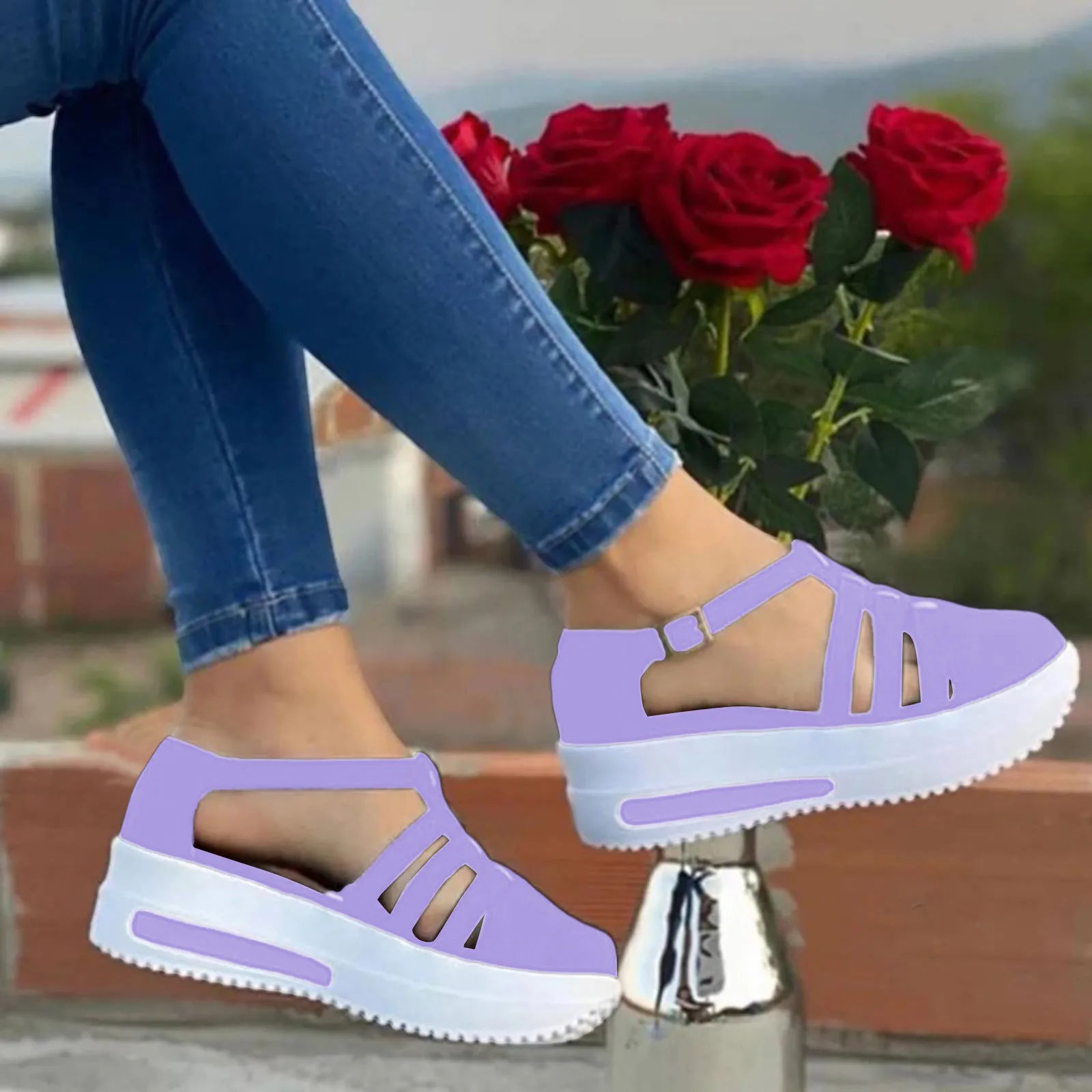 

2023 Summer New Women Sandals Thick Sole Wedges High Heels Casual Single Shoe Solid Color Hollow Sports Walking Runaway Sandals