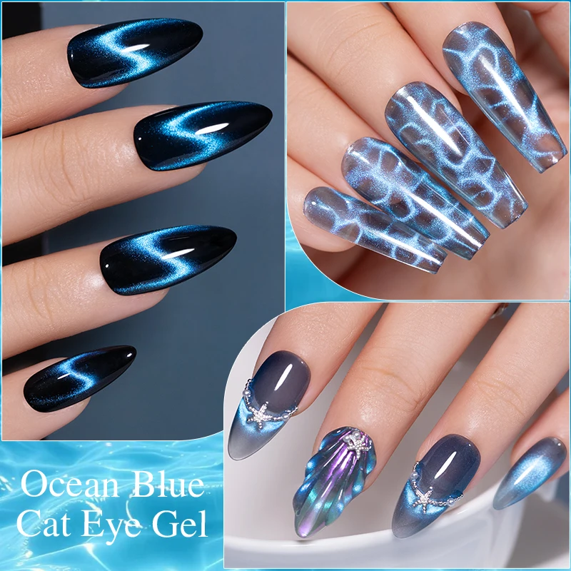 PUENTE 7.5ML Ocean Blue Cat Eye Gel Nail Polish With Magnet, High Glossy,Vibrant Blue Magnetic Cat Eye Nail Gel, Long-Lasting, Easy Application, Soak Off UV/LED Lamp Curable Semi-Permanent Varnish for Home & Salon Manicure gallery 7