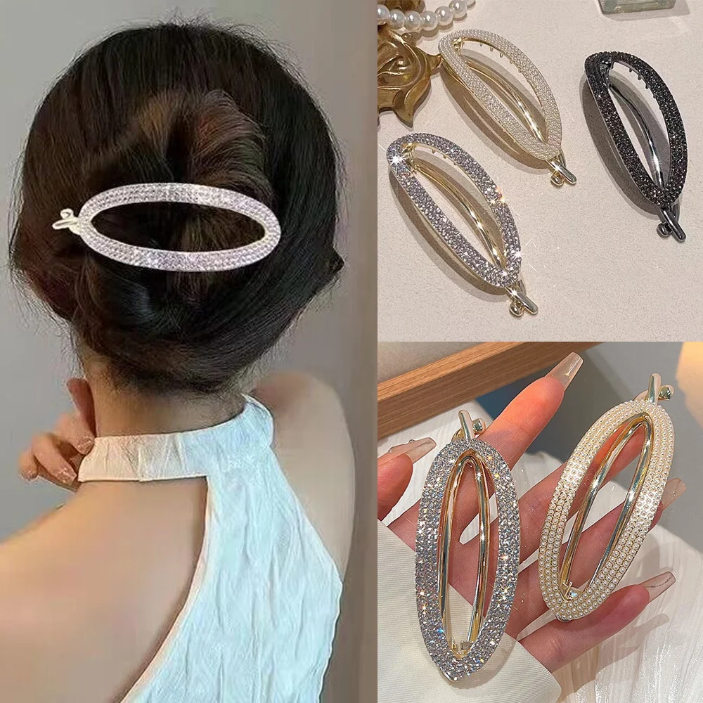 Fashion Metal Oval Rhinestone Hair Clip For Women Girls Elegant Round Sweet Crystals Hairpins Barrettes Hair Accessories