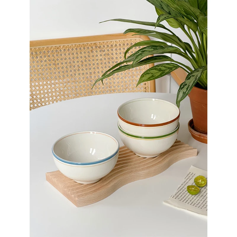 Korean Style Ins Ceramic Bowl Vintage Line Round Porcelain Tableware Breakfast Yogurt Milk Oats Lunch Rice Bowls Personal Items