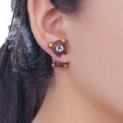 Handmade 3D Brown Bear Polymer Clay Stud Earrings For Women Kids Cute Cartoon Animal Front Back Ear Jackets Kawaii Bear Earringa