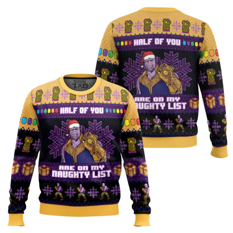

Marvel Thanos Christmas Ugly Sweater Yellow Purple Christmas Hat Unlimited Gloves Unlimited Gems Personalized Fashion Trend Cool